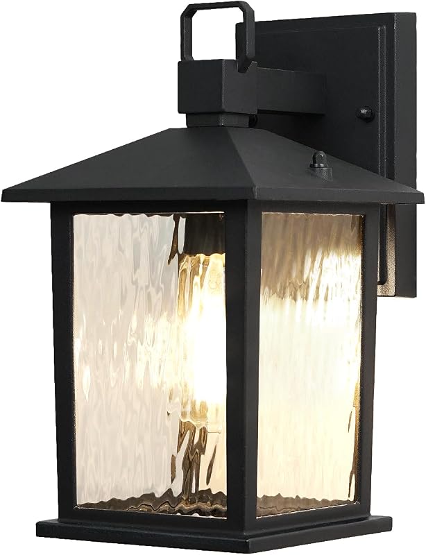 Luz porche 12pulg negra mate vidrio ondulado exterior