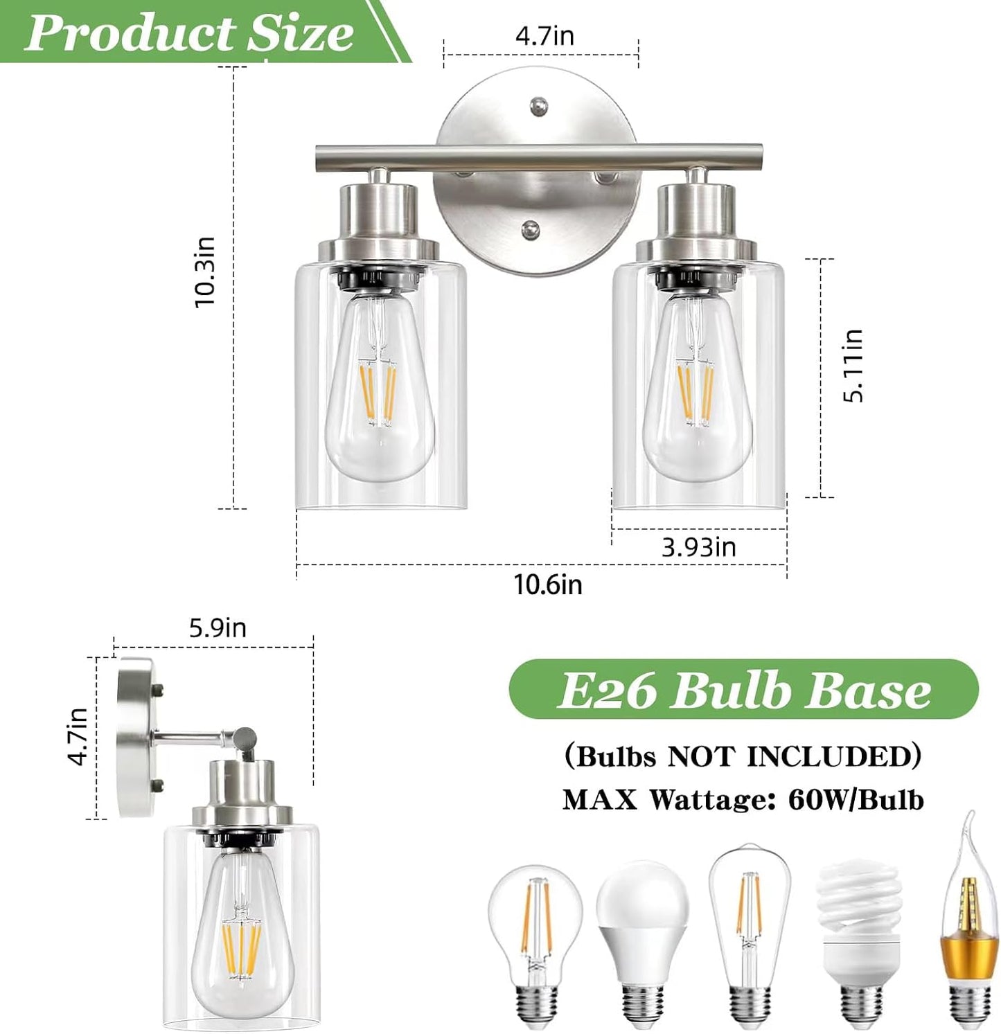 Lámpara baño E26 2 luces níquel cepillado vidrio
