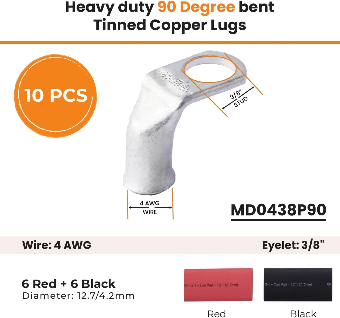 10 Pzas Conectores Anillo 4 AWG 3/8 Lengüetas 90° Negro Rojo