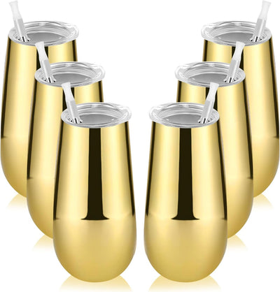 6 Pzas Vasos Champán Acero Inox Aislados Oro