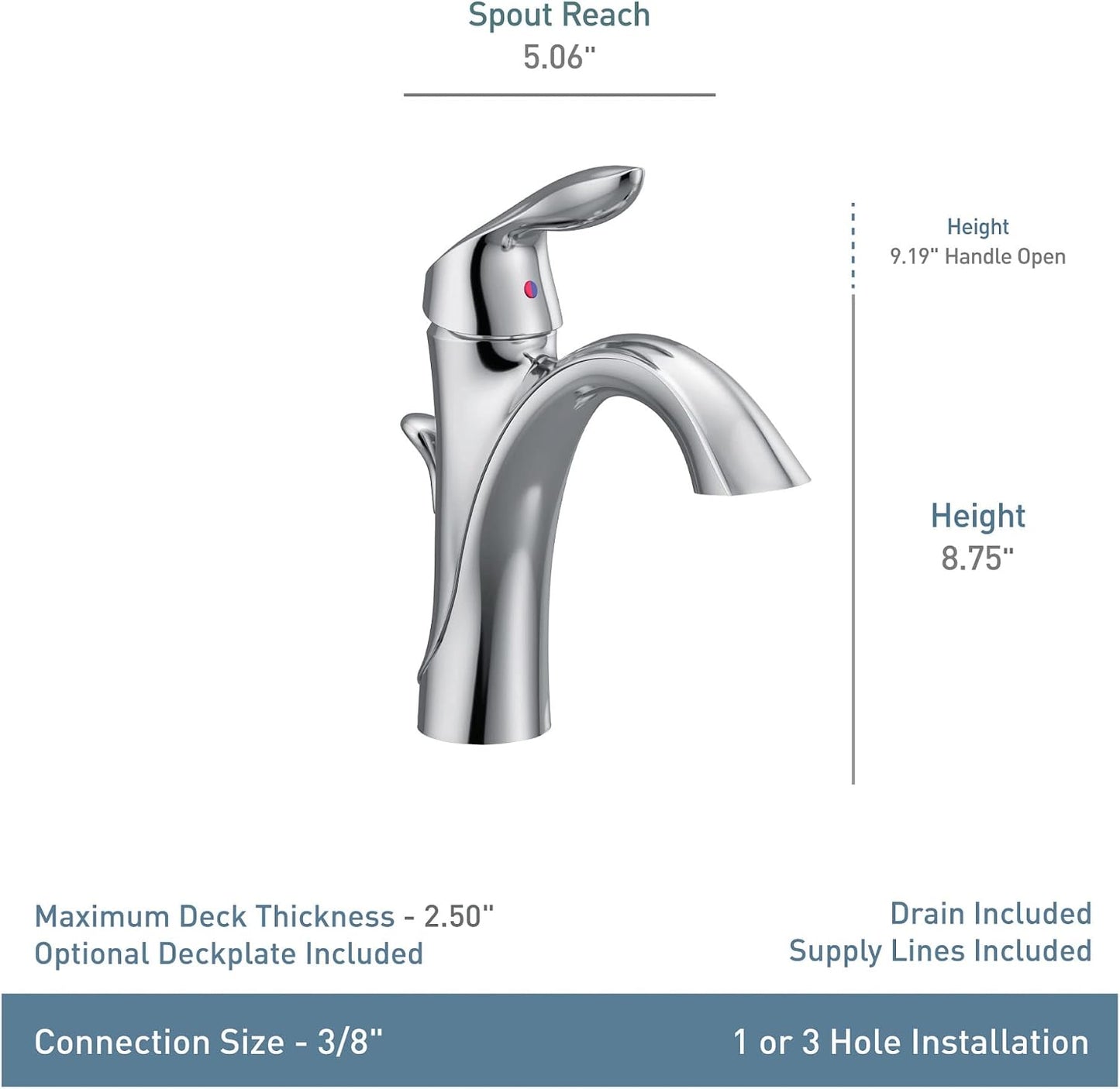 Llave monomando arco alto Moen Eva baño