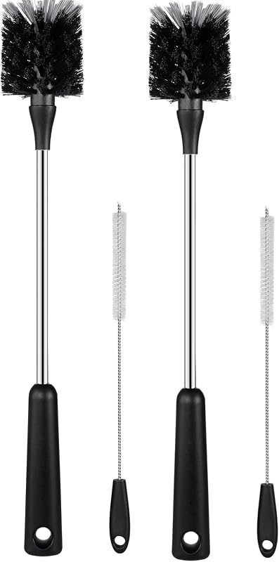 4 Cepillos Botella con Limpiador Pajilla Mango Acero Inox Negro