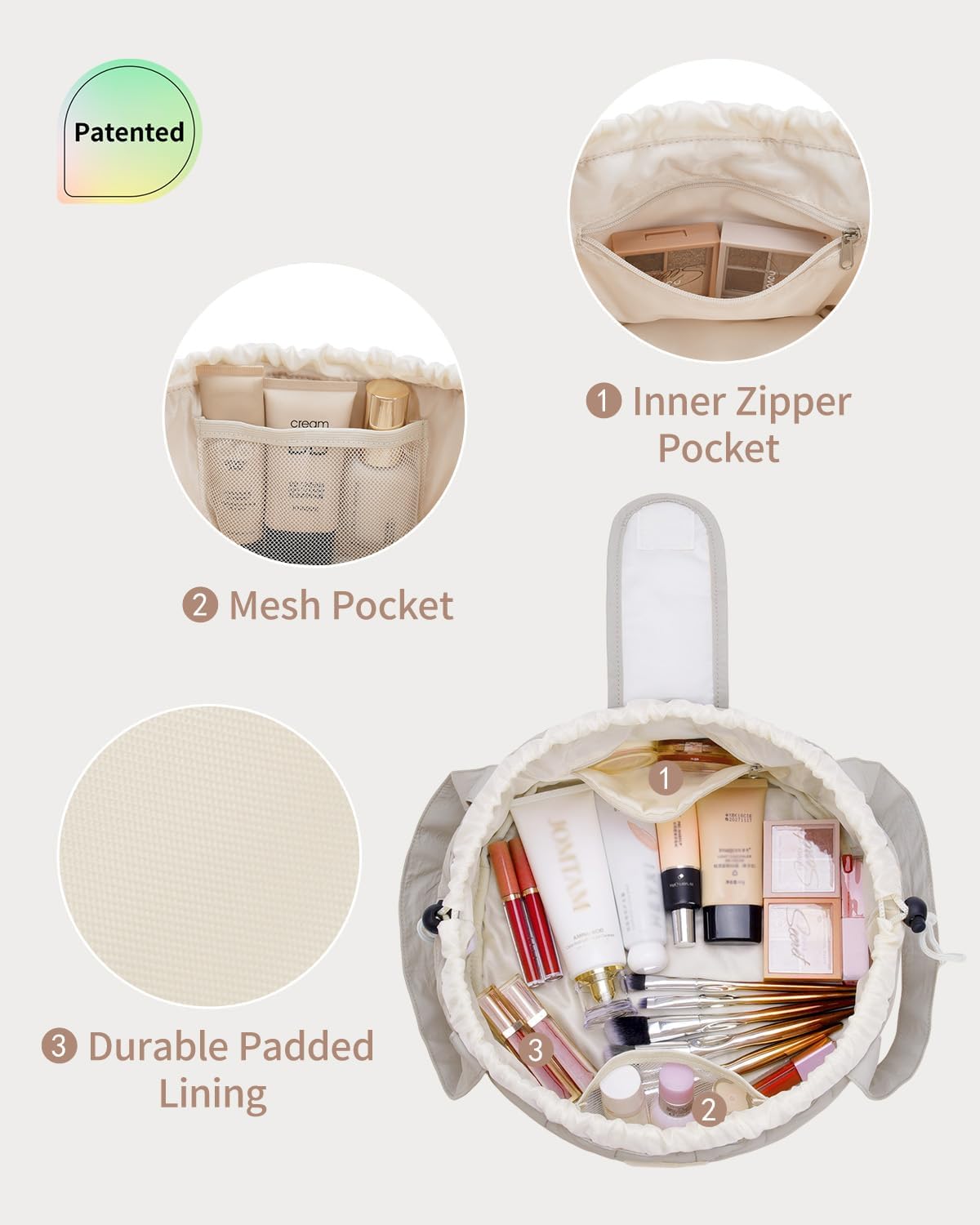 Bolsa maquillaje plana con asa acolchada para mujer y niña