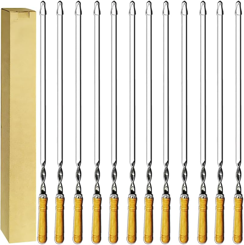 12 Pinchos Kabob 22pulg Acero Inox Reutilizables Asa Madera