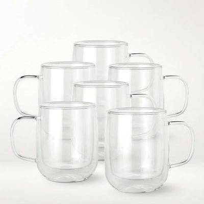 Juego de 6 tazas de café de vidrio doble pared 14 oz transparente aisladas con asa