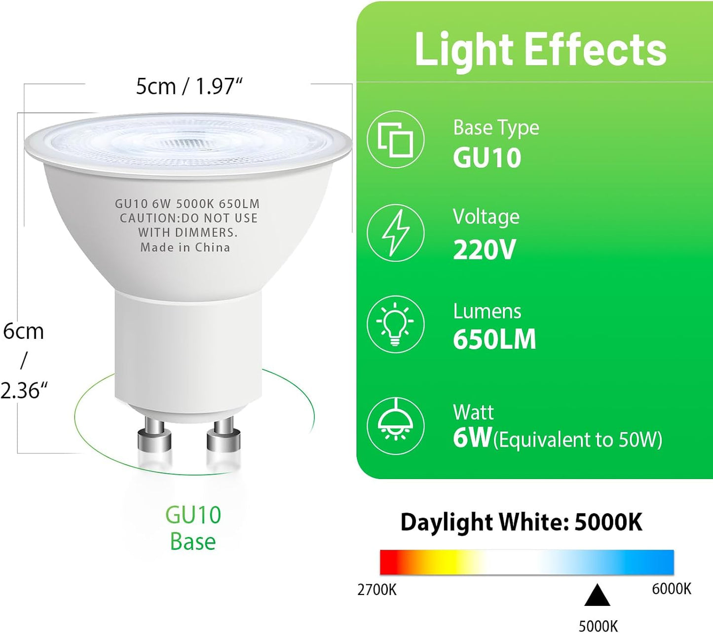 Bombilla LED GU10 6W 5000K Blanco Día 650 Lúmenes No Regulable