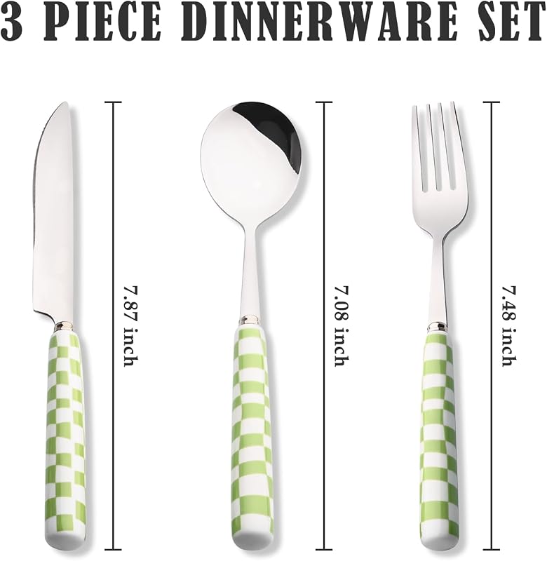 Set 3 Pzas Cubiertos Acero Inox Mango Cerámica Patrón Ajedrez Verde