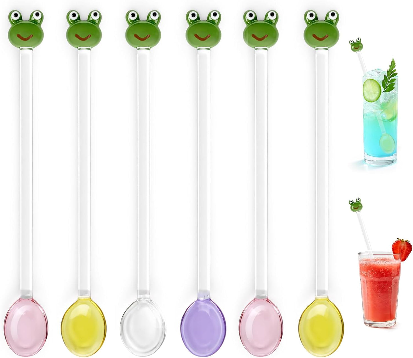Juego de 6 cucharas de vidrio con asas de rana para café, té y cócteles