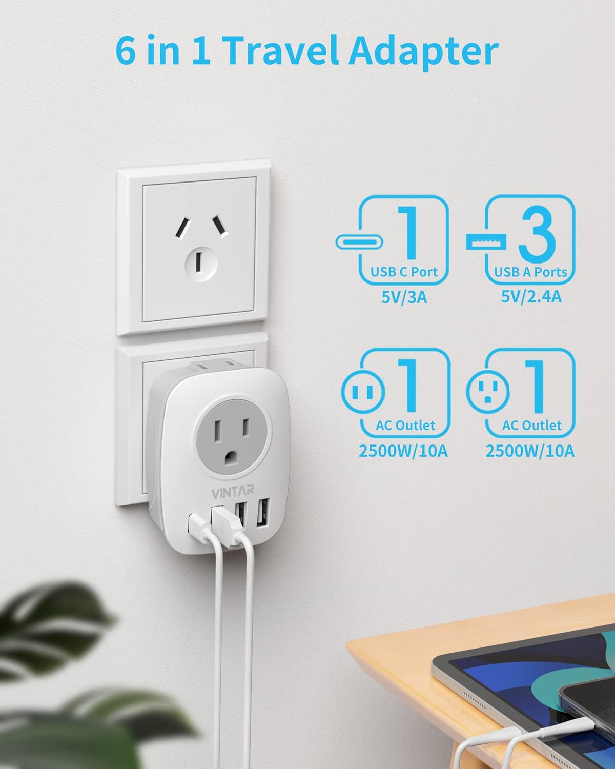Adaptador viaje tipo I 6 en 1 con USB C y enchufes EE.UU.