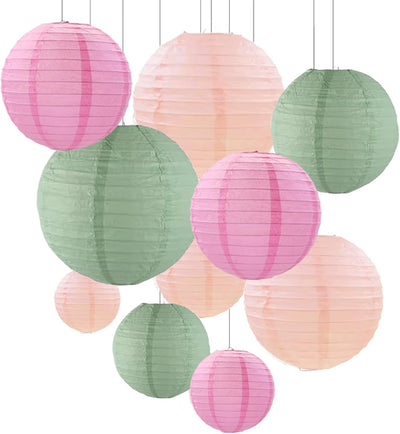10 Linternas Papel Verde Salvia Rosa Decoración
