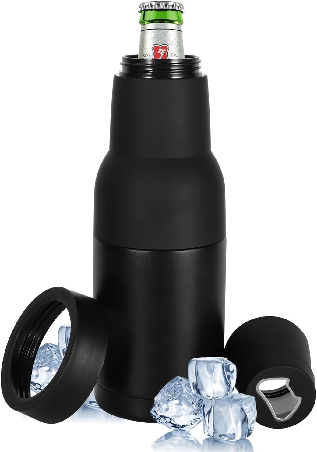 Soporte botellas 12oz acero inox 3en1 aislado camping negro