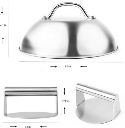 Kit prensa hamburguesas y cúpula fusión 5.5x8.9pulg acero inox