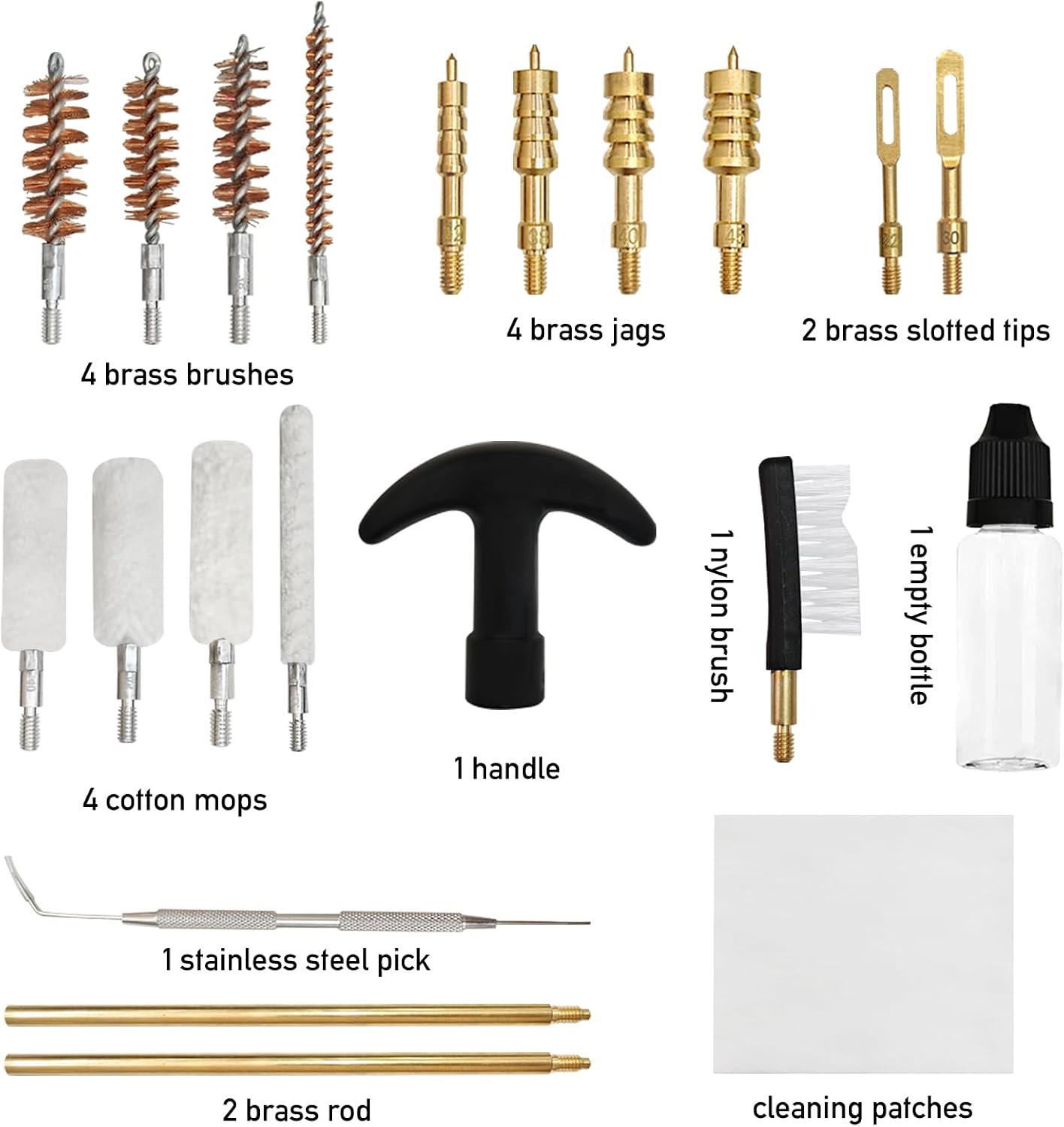 Kit limpieza 21 pzas latón para armas .22 .357 .38 .45