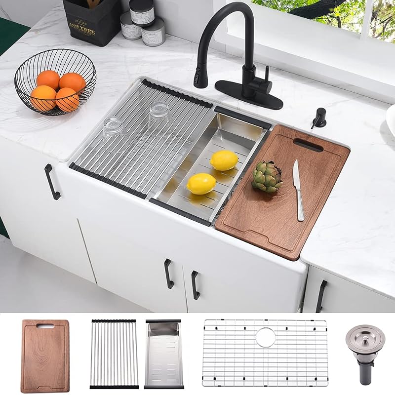Fregadero cocina blanco 30pulg cerámica tabla cortar