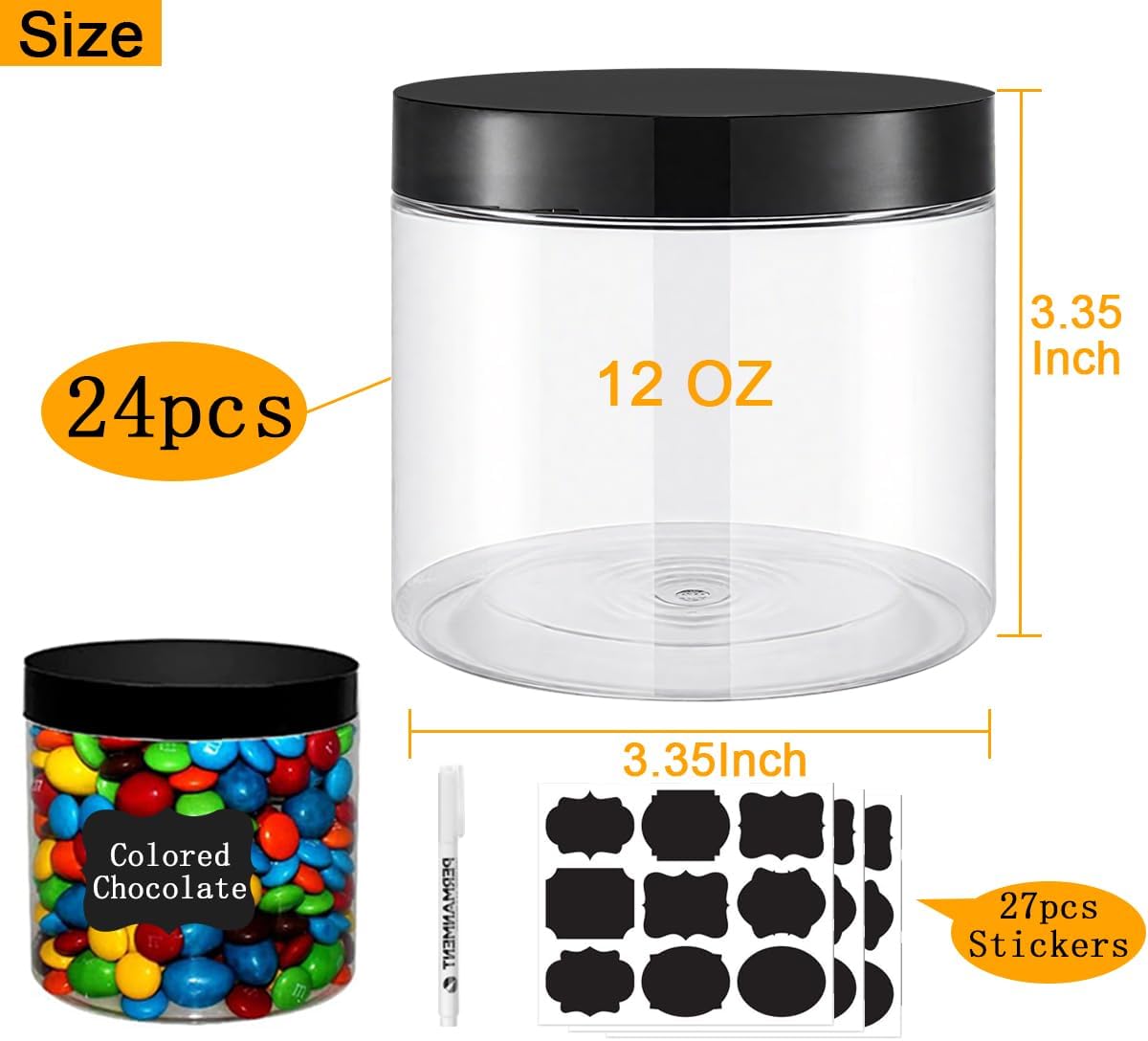 Tarros plástico 12oz con tapas negras set 24