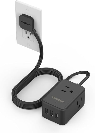 Cable extensión plano negro regleta 3 USB 5 pies viaje