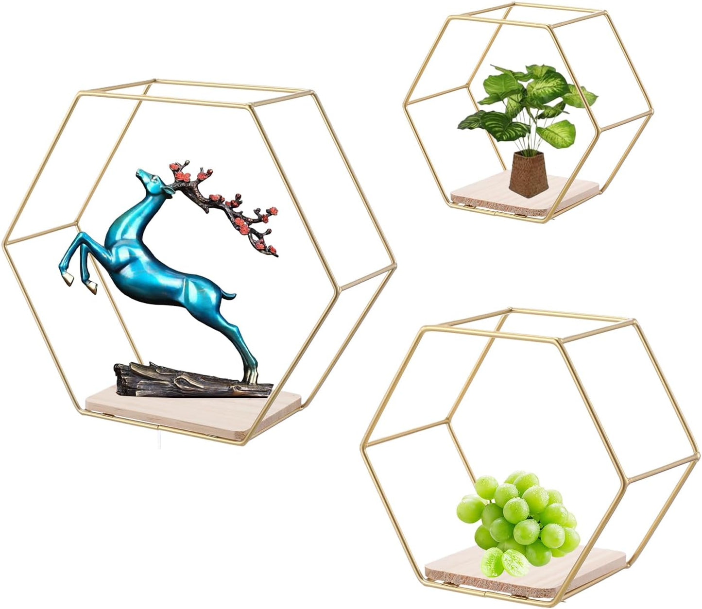 Estantes flotantes hexagonales dorados set 3