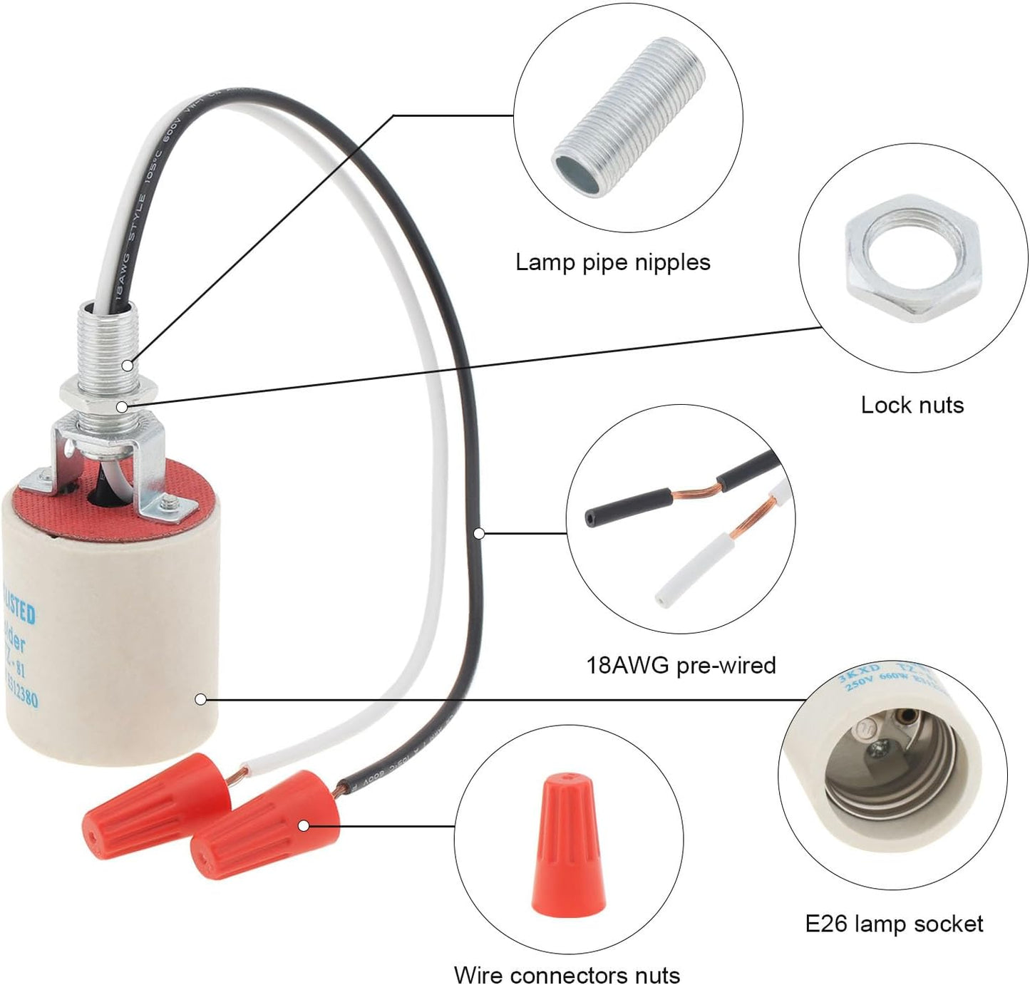 Enchufe luz E26 cerámica soporte lámpara E27 con cable 10pulg