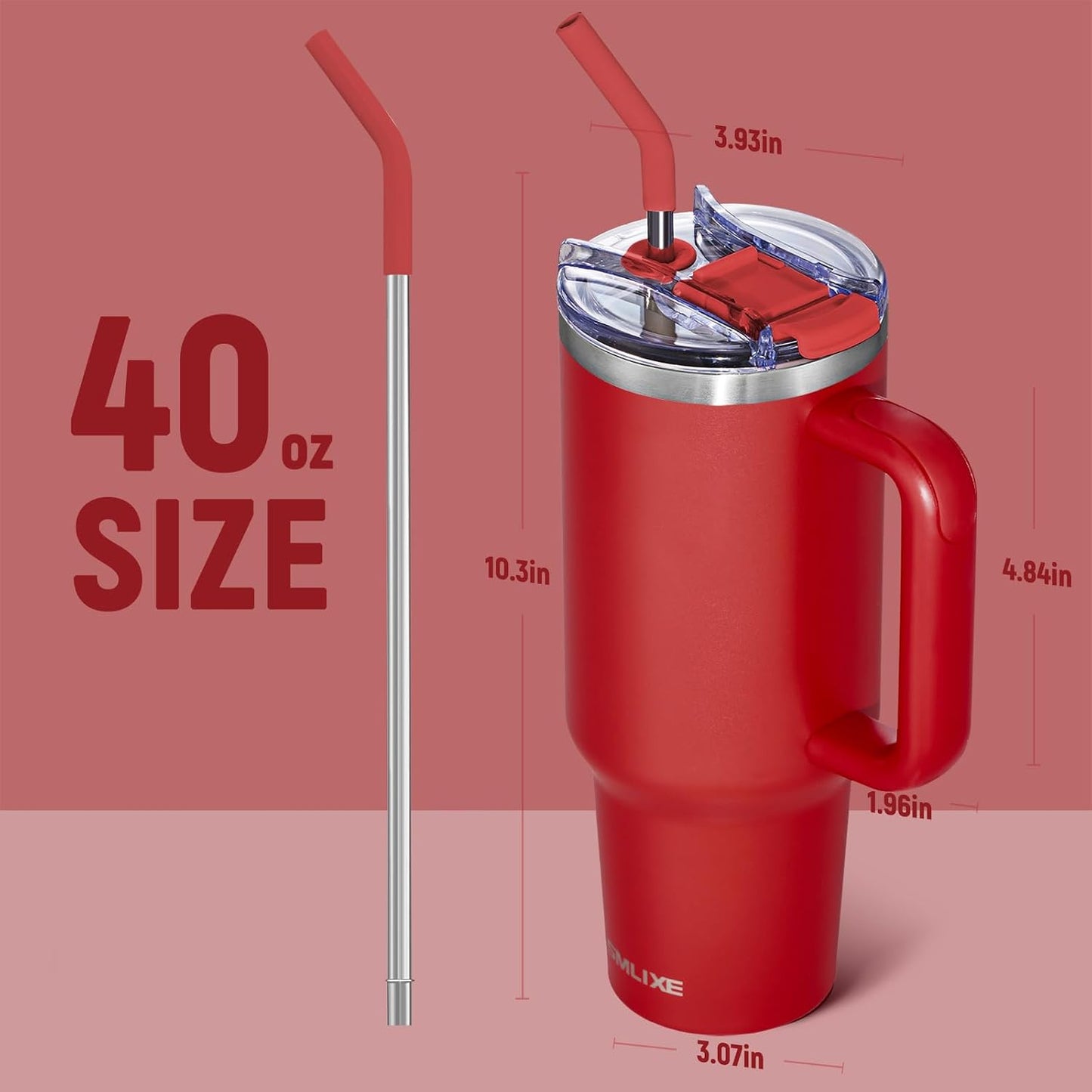 Vaso acero inox 40oz con asa tapa popote taza viaje rojo