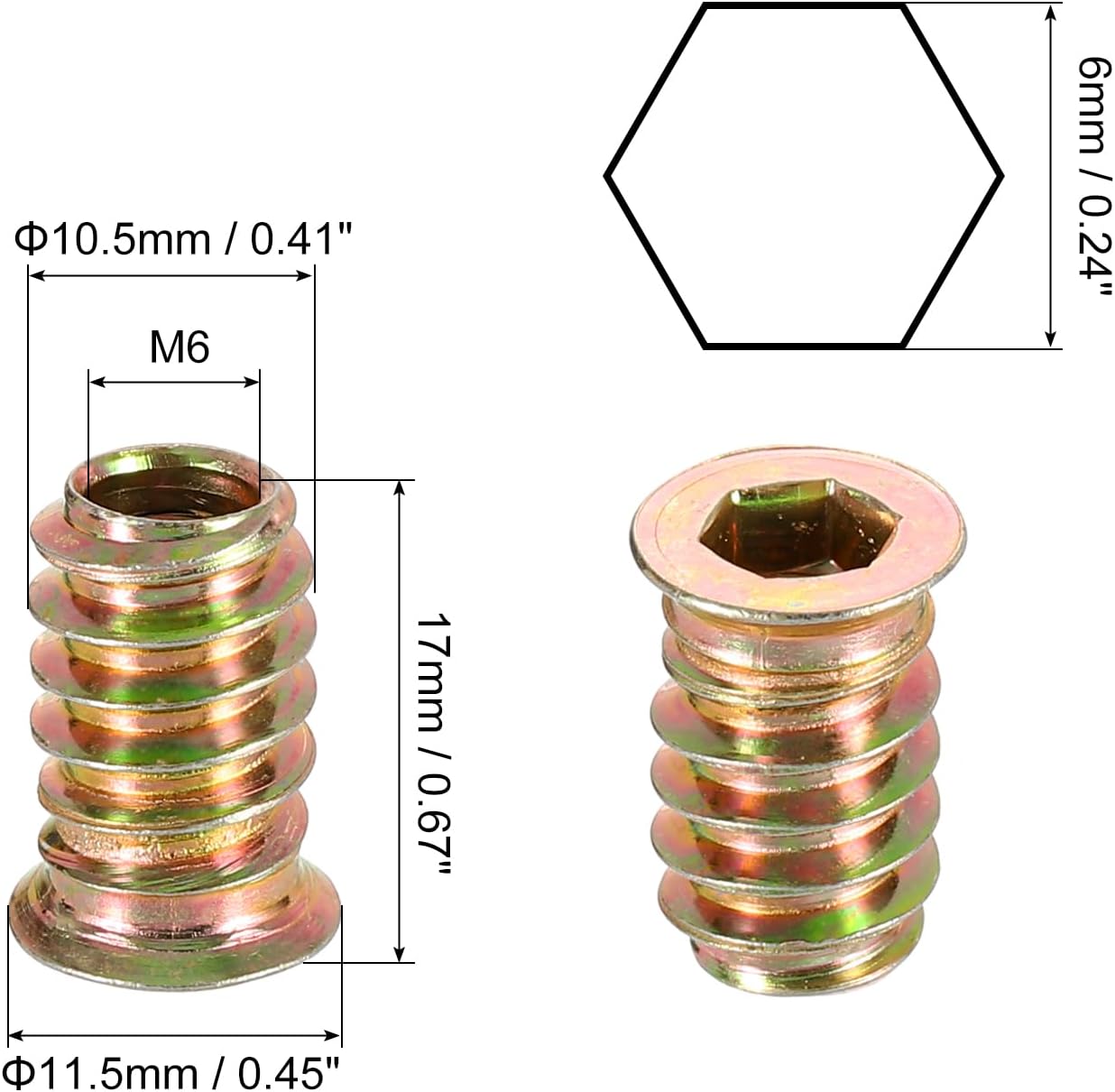 Tuercas roscadas hex para muebles m6x17mm 40 pzas