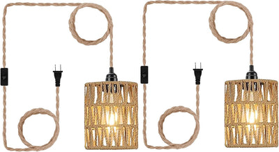 Lámpara colgante boho con enchufe mimbre pantalla cilíndrica