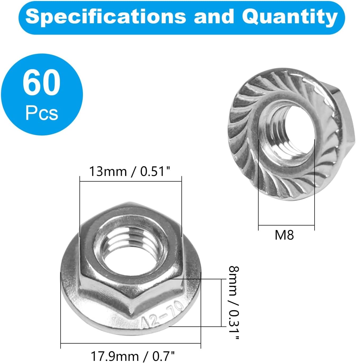 60 Pzas Tuercas M8 Acero Inox 304 Bloqueo