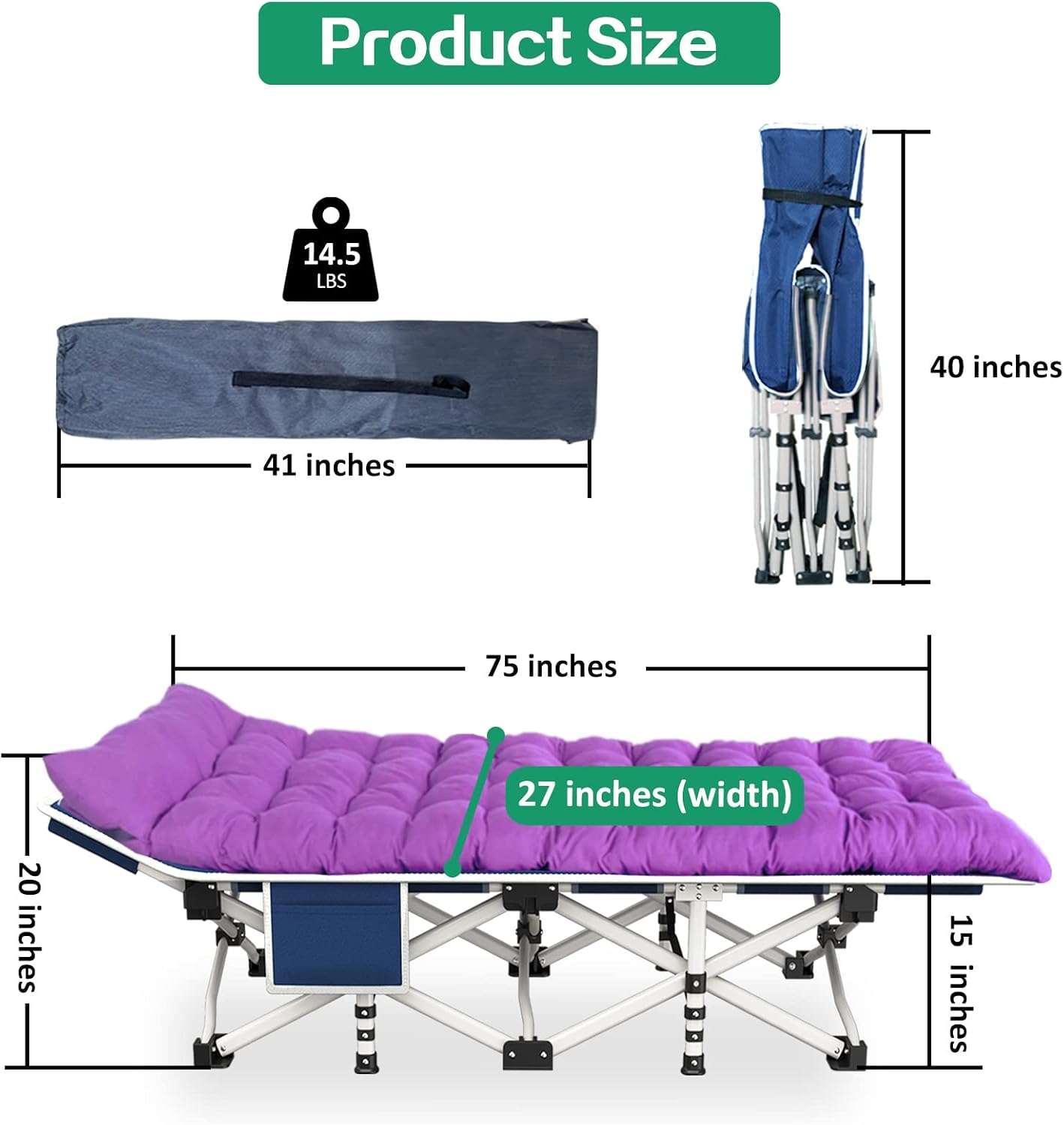 Catre plegable para adultos con colchón y almohada