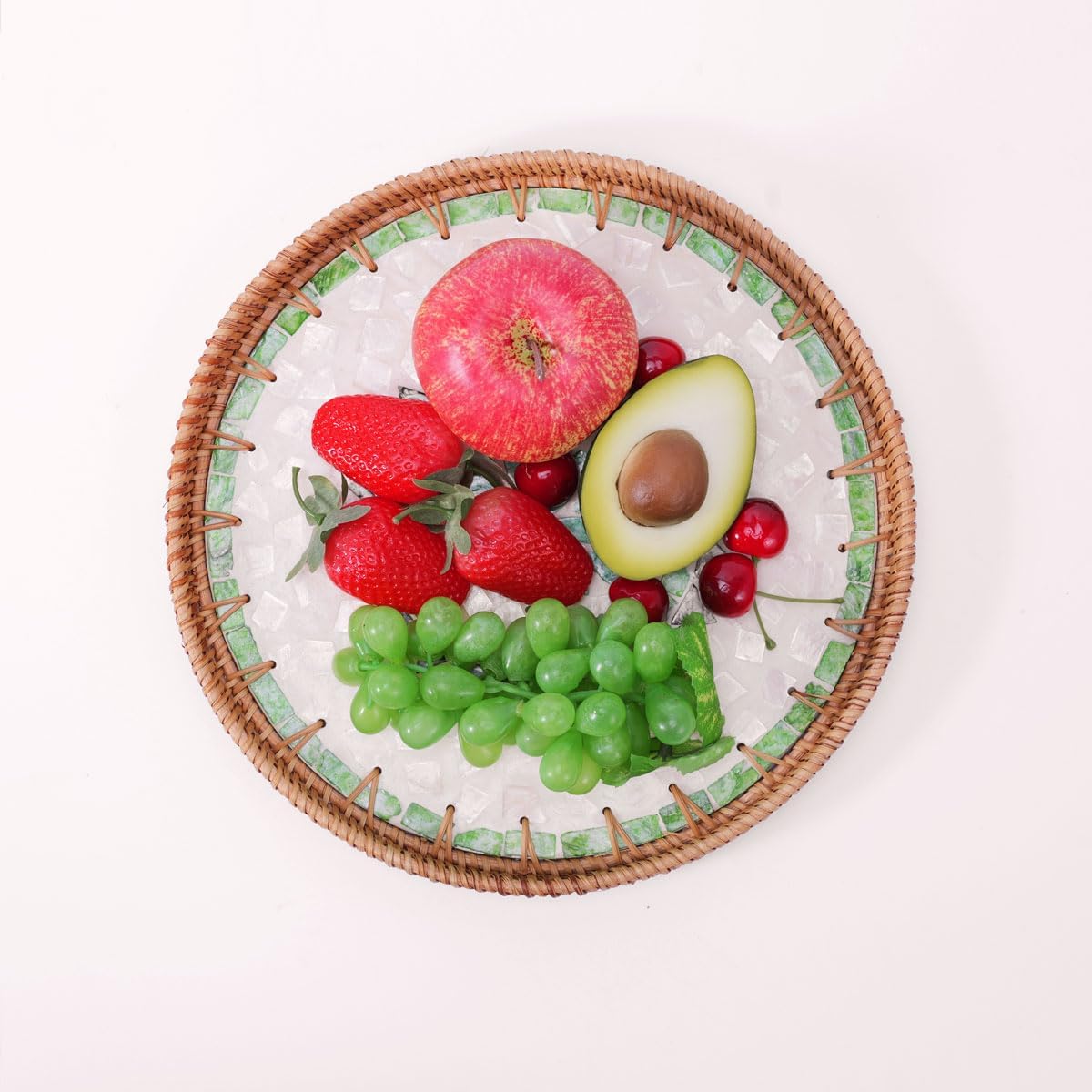 Bandeja ratán laca madreperla decorativa redonda 12pulg