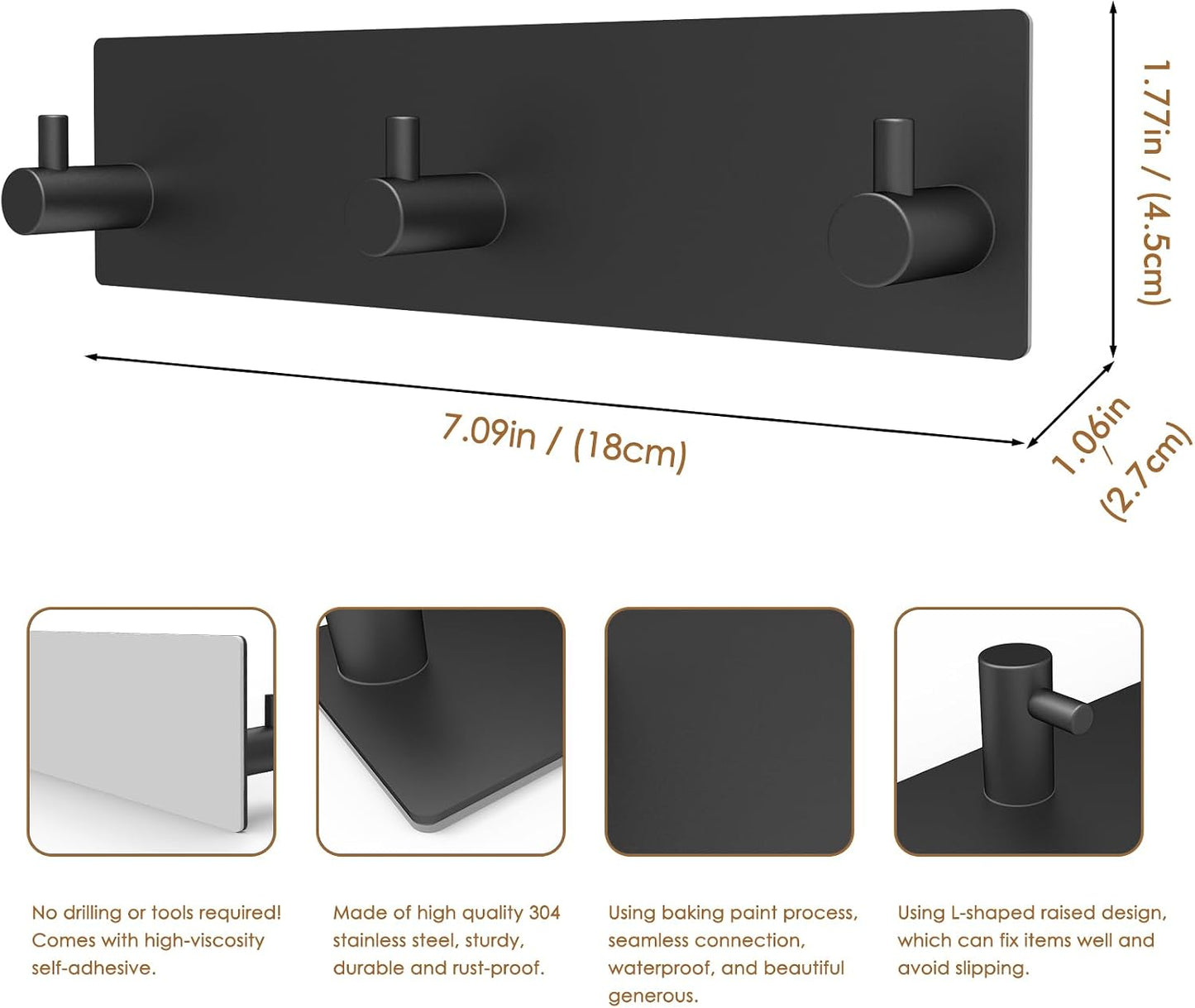 Soporte llaves pared acero inox 3 ganchos negro