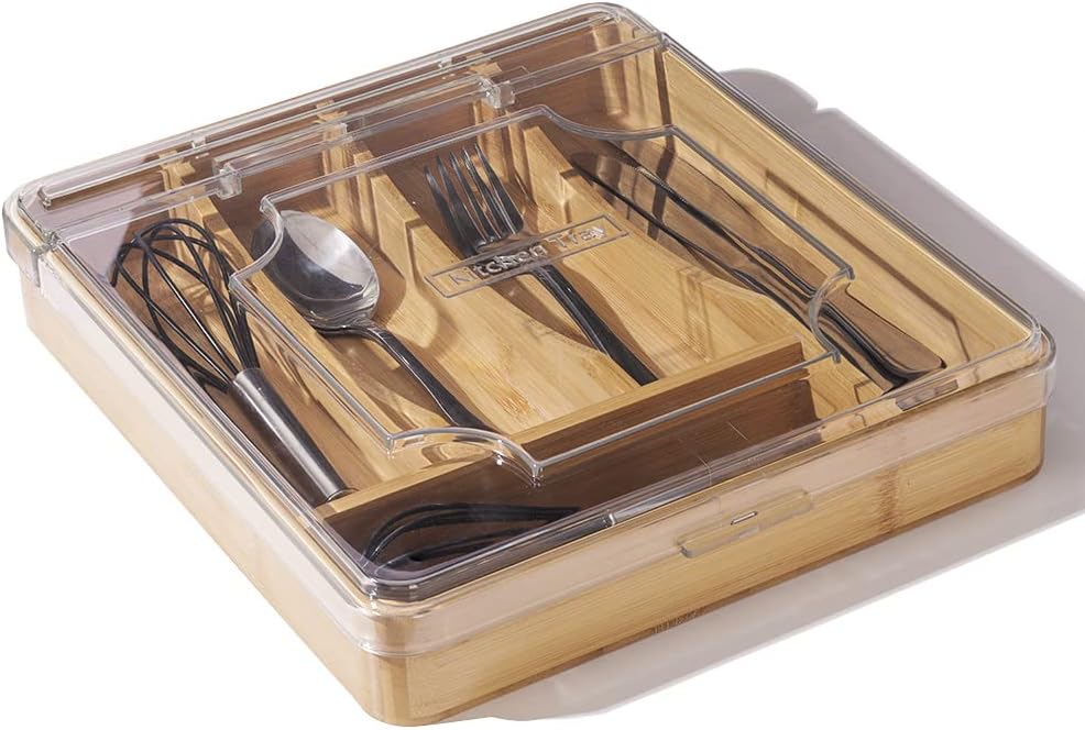 Organiz. cajón cocina bambú 13pulg con tapa 5 ranuras cubiertos