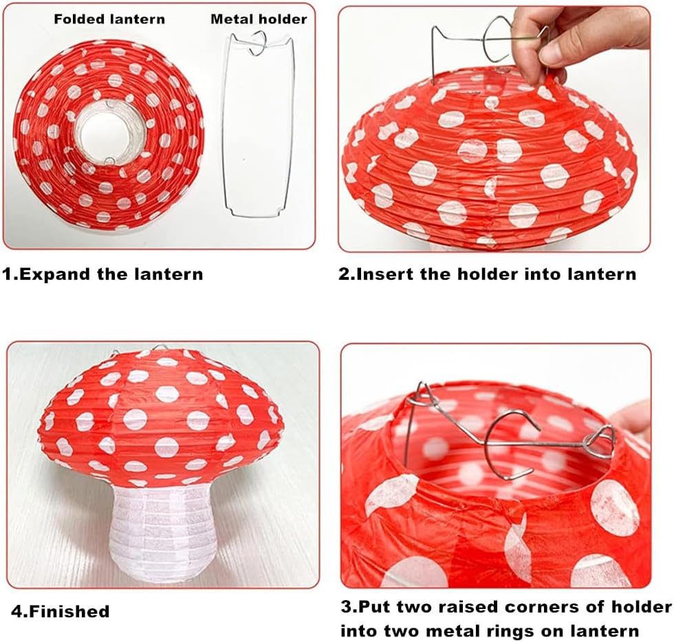 Linterna papel hongo reutiliz. colgante 8 y 12pulg 8uds