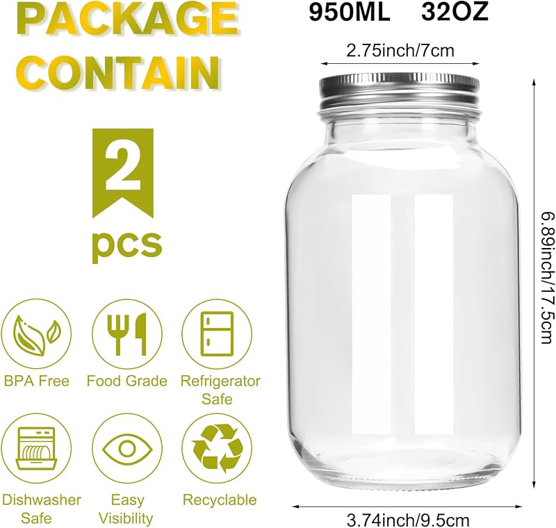 Tarros vidrio 32oz con tapa para alimentos y recuerdos