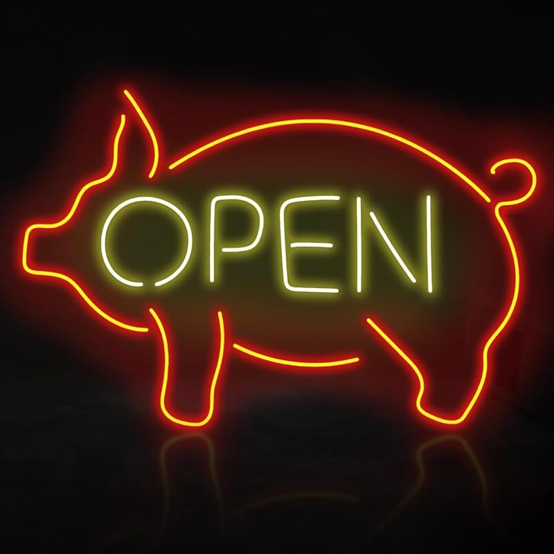 Letrero cerdo LED abierto para tienda cocina barbacoa