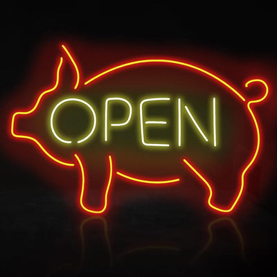 Letrero cerdo LED abierto para tienda cocina barbacoa