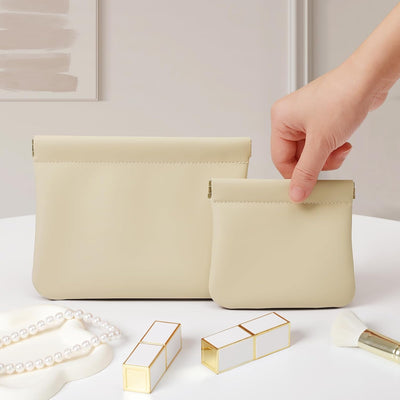 2 Pzas Bolsa Maquillaje Cuero Súper Silicona Viaje Beige
