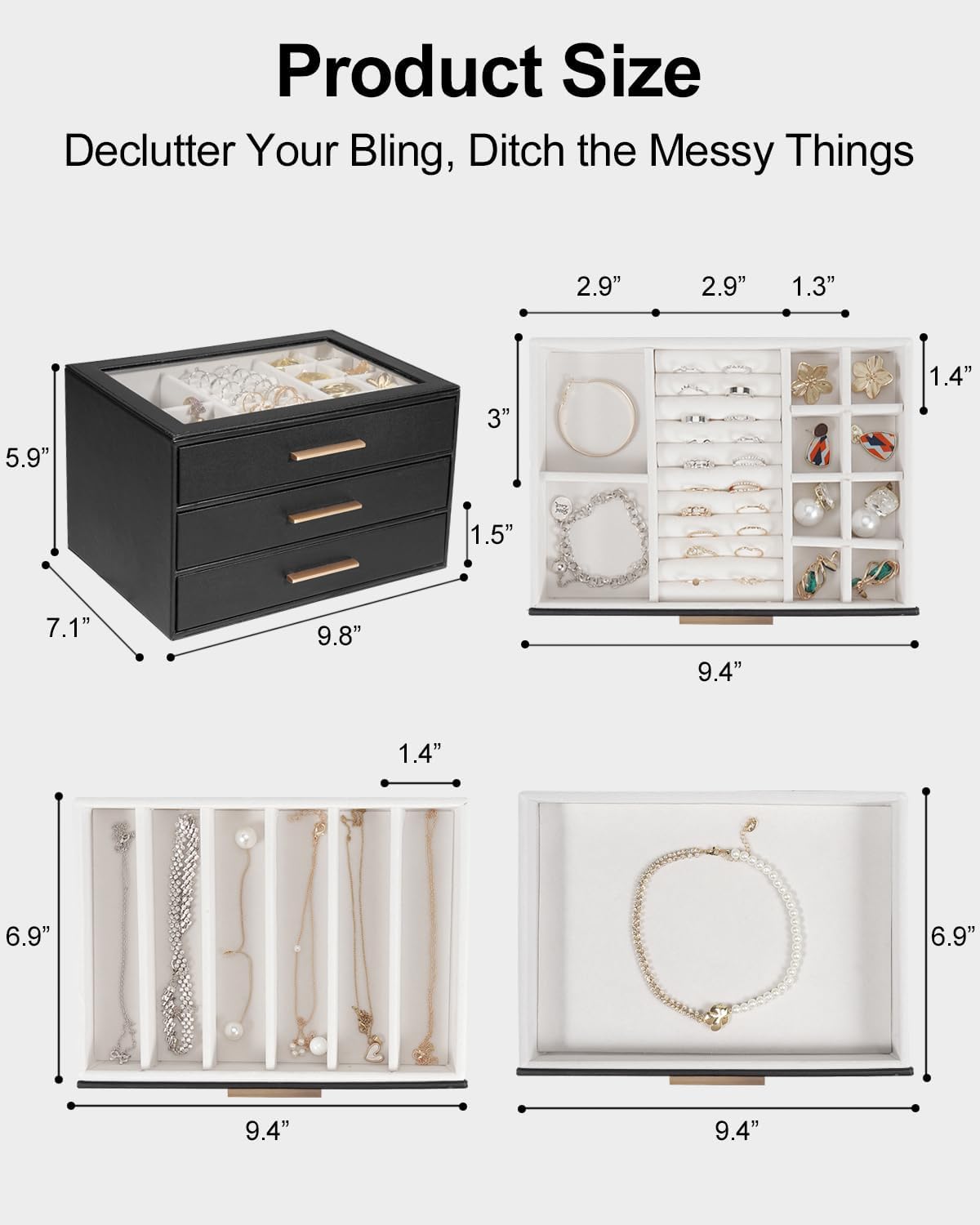Caja joyas mujer con tapa vidrio 3 cajones PU negro
