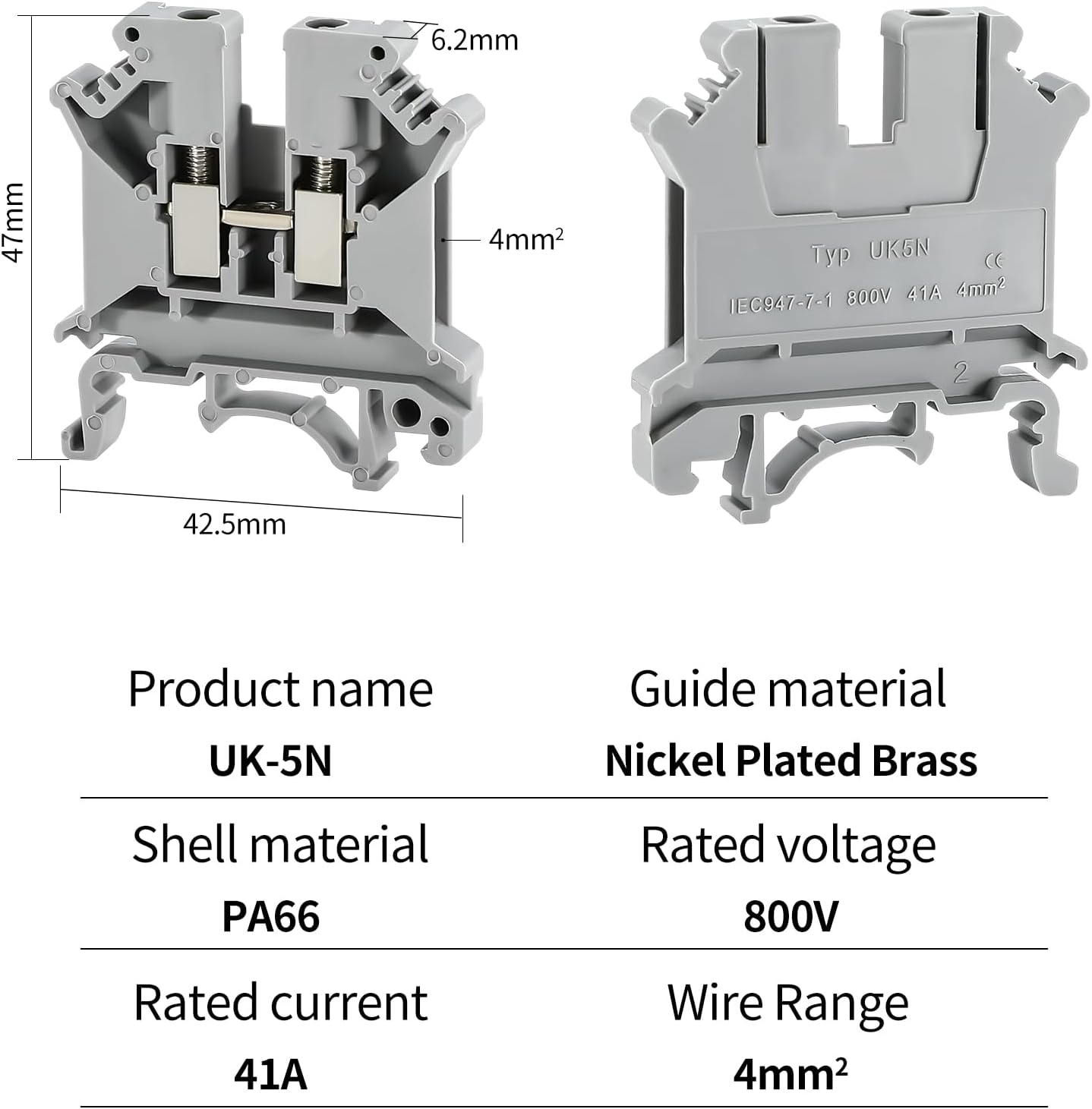Bloques terminal riel din uk-5n 800v 24-10awg 0.157pulg