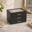 Caja joyas mujer con tapa vidrio 3 cajones PU negro