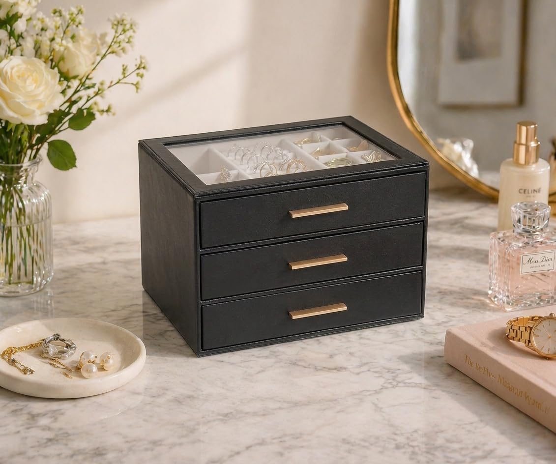 Caja joyas mujer con tapa vidrio 3 cajones PU negro