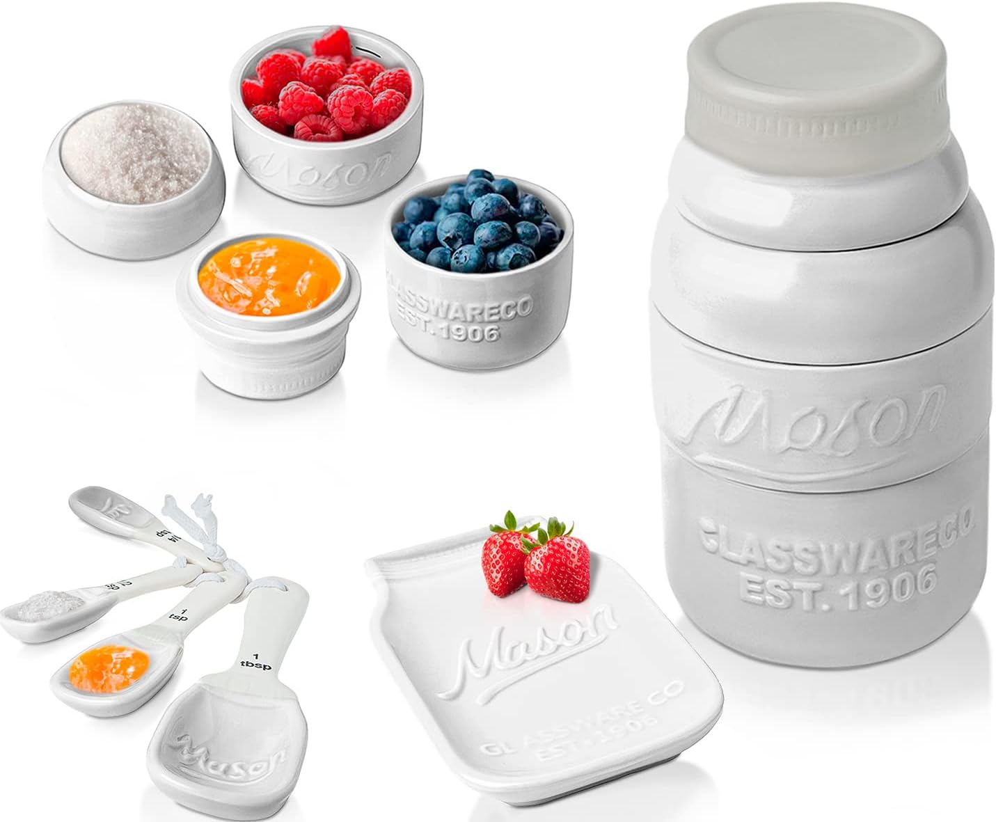 Utensilios cocina cerámica blanca 4 tazas y cucharas medidoras