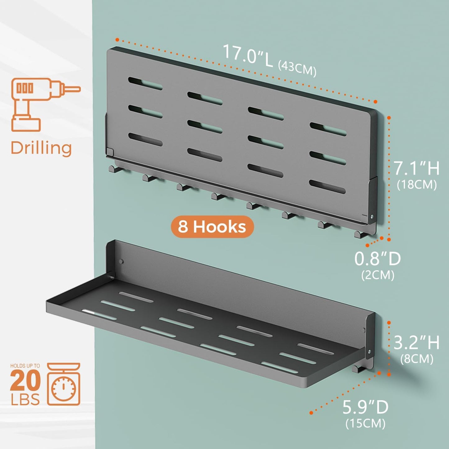 Estante plegable pared 8 ganchos metal negro 17" 2uds
