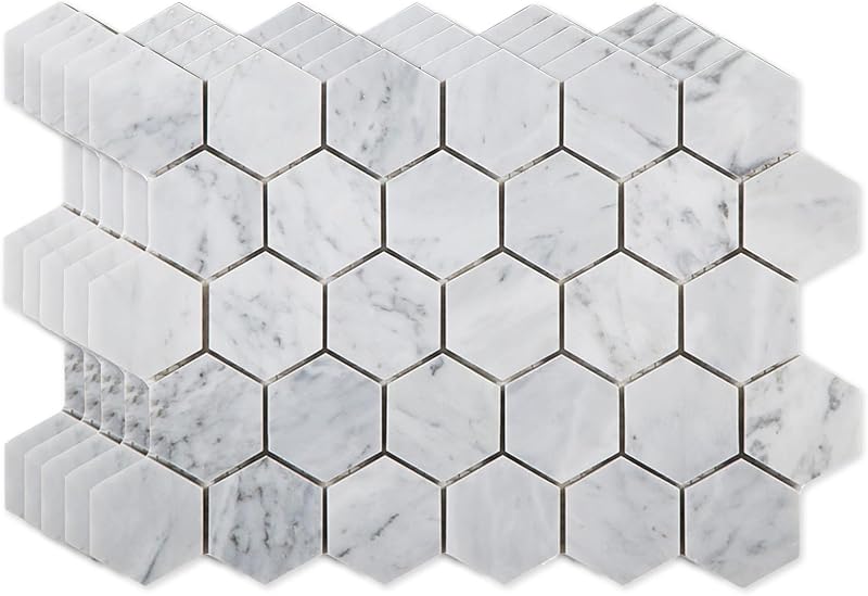 Mosaico mármol Carrara blanco pulido 2" hexagonal 5 hojas