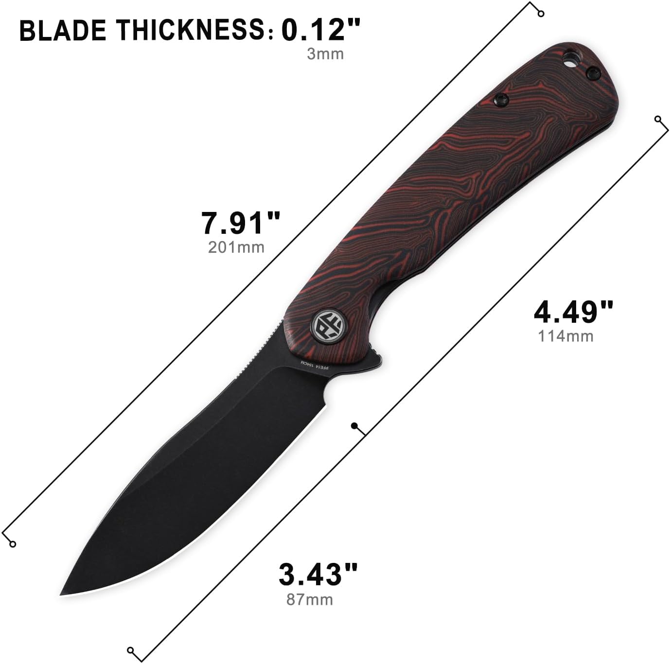 Cuchillo plegable acero negro lavado piedra mango G10 EDC