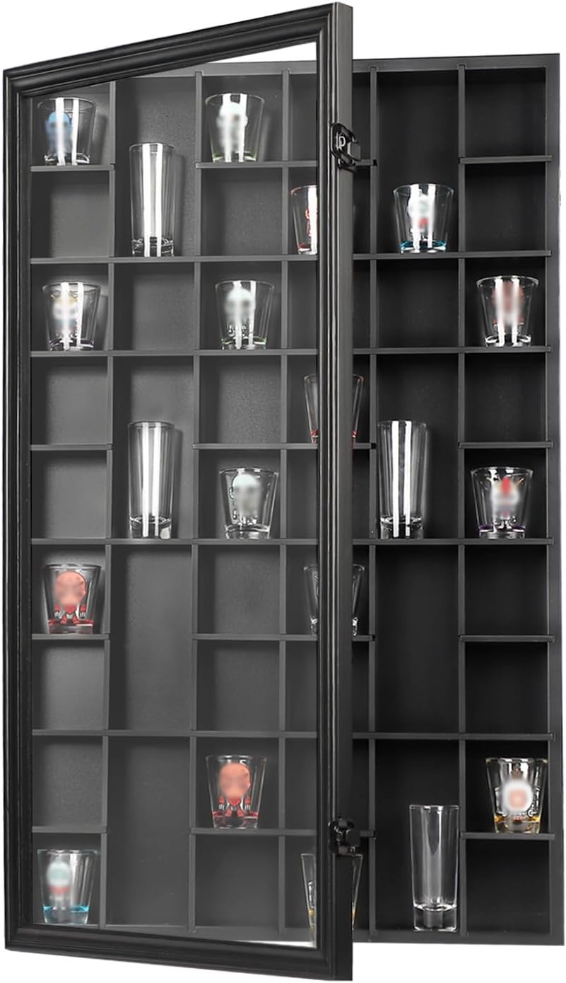 Vitrina 46 chupitos madera puerta acrílico negro