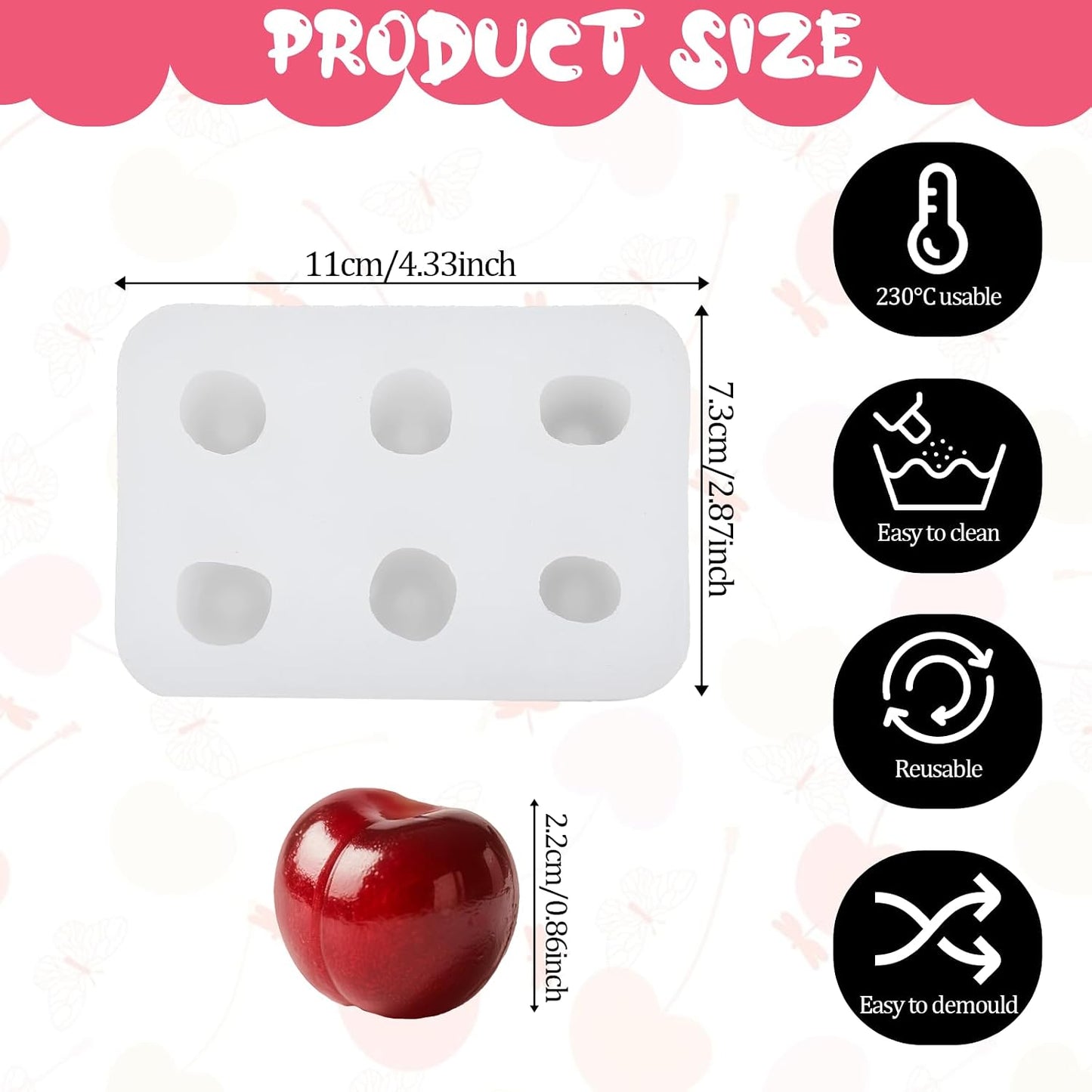 Molde silicona cereza 6 cavidades para chocolate y pasteles blanco