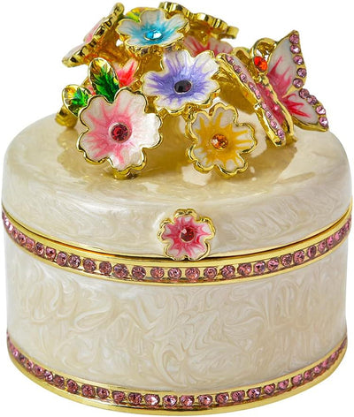 Caja joyas esmaltada flores mariposas redonda decoración hogar