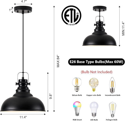 Lámpara colgante industrial ajustable E26 negro