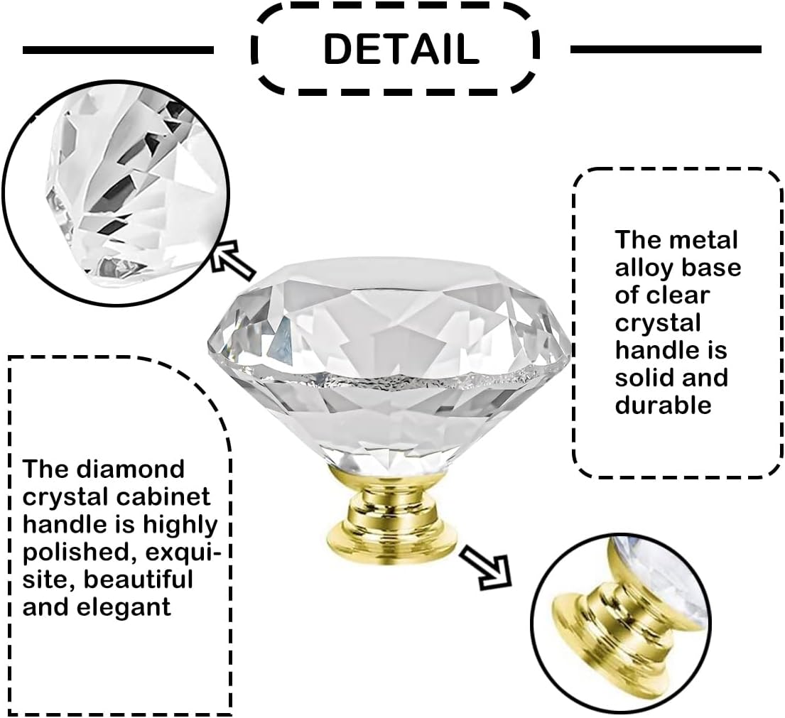 4 Pomos Cristal Diamante para Cajones Puerta Dorado