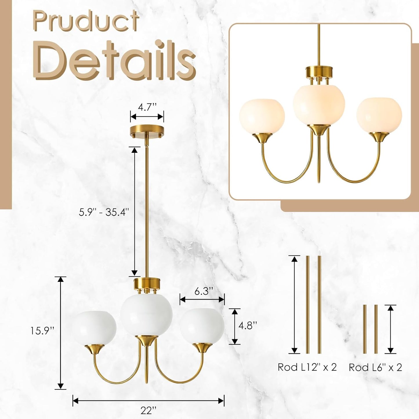 Candelabro Sputnik 3 Luces Vidrio Blanco Dorado para Comedor