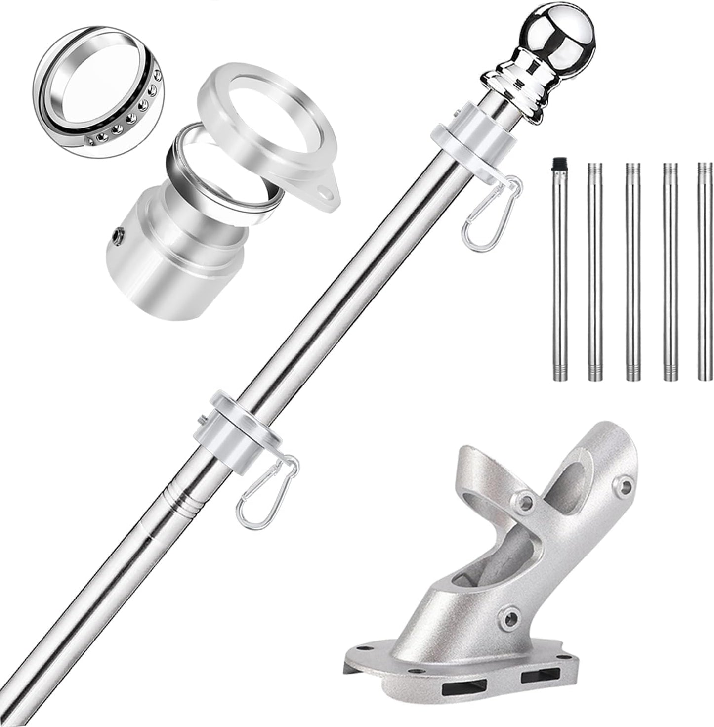 Kit asta bandera 6ft acero inox anillos aluminio sin enredos